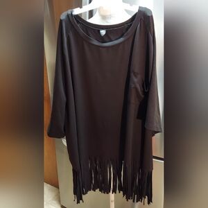 Plus Size Black Shirt Top with Fringe at Bottom of Blouse 3XL